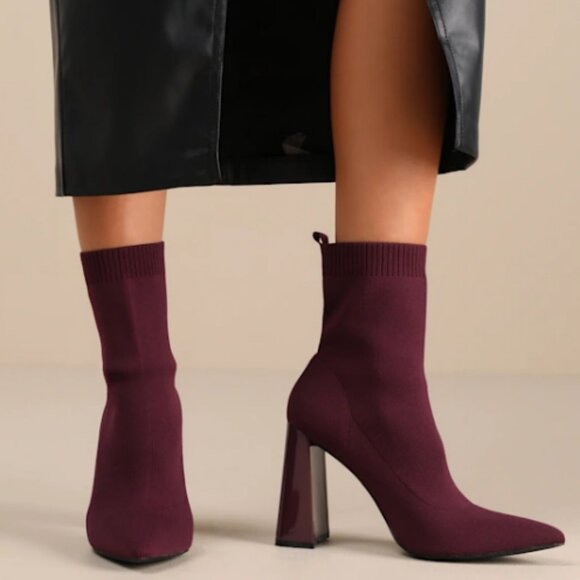 Lulus Shoes - Lulu's Felicia Wine Ribbed Knit Pointed Toe Sock Boots | 7